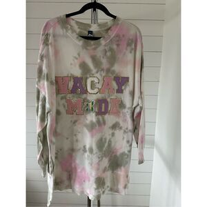Vintage Vacay Mode Patches Sweatshirt Womens 2XL Pink Green Tie Dyed Retro‎